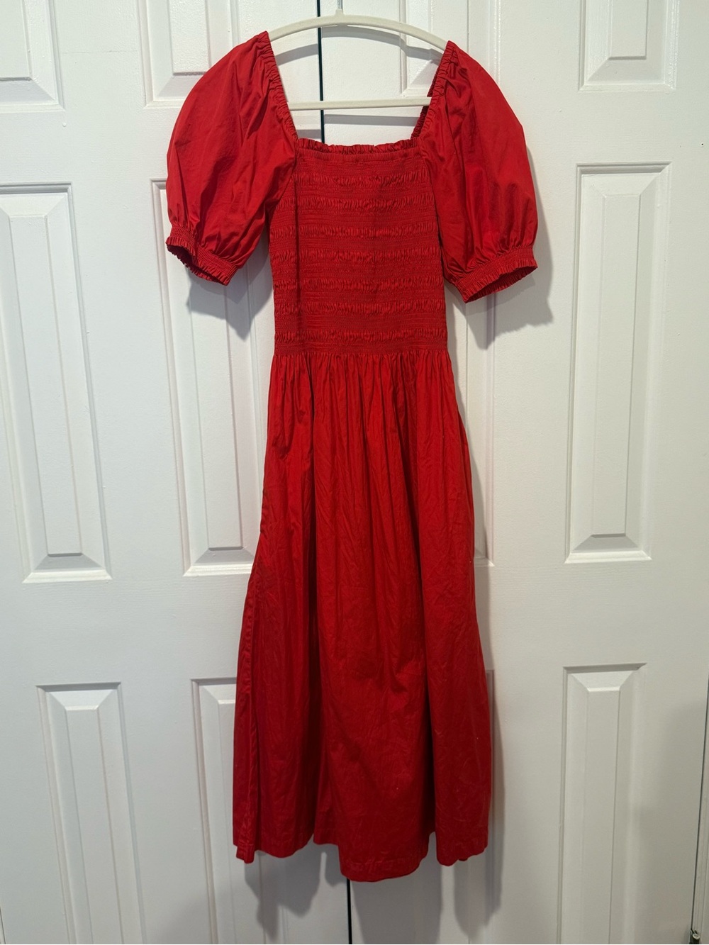 Madewell Red Puff-Sleeve Smocked Midi Dress